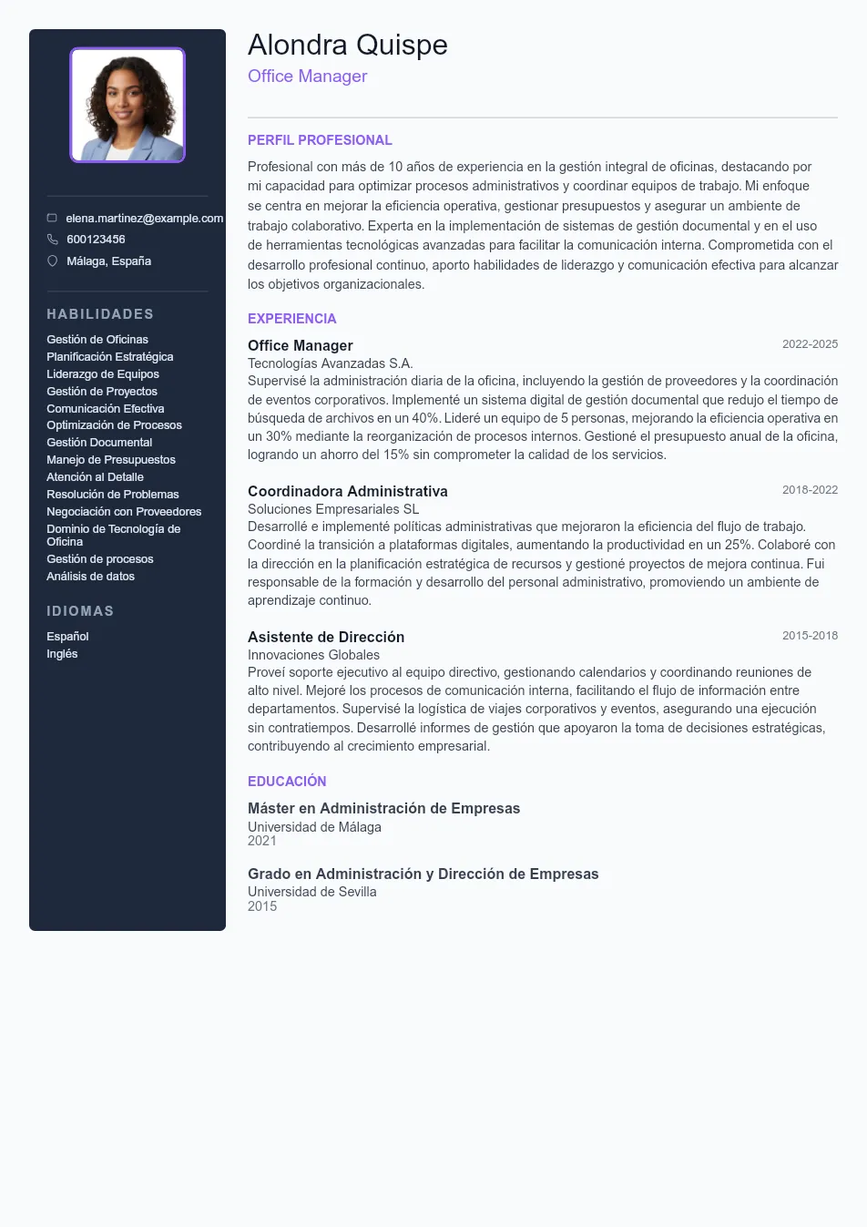 Ejemplo de CV de Office Manager CV Example - Professional Resume Template