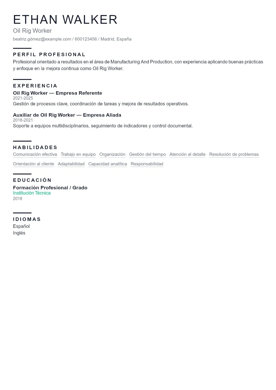 Ejemplo de CV de Oil Rig Worker CV Example - Professional Resume Template