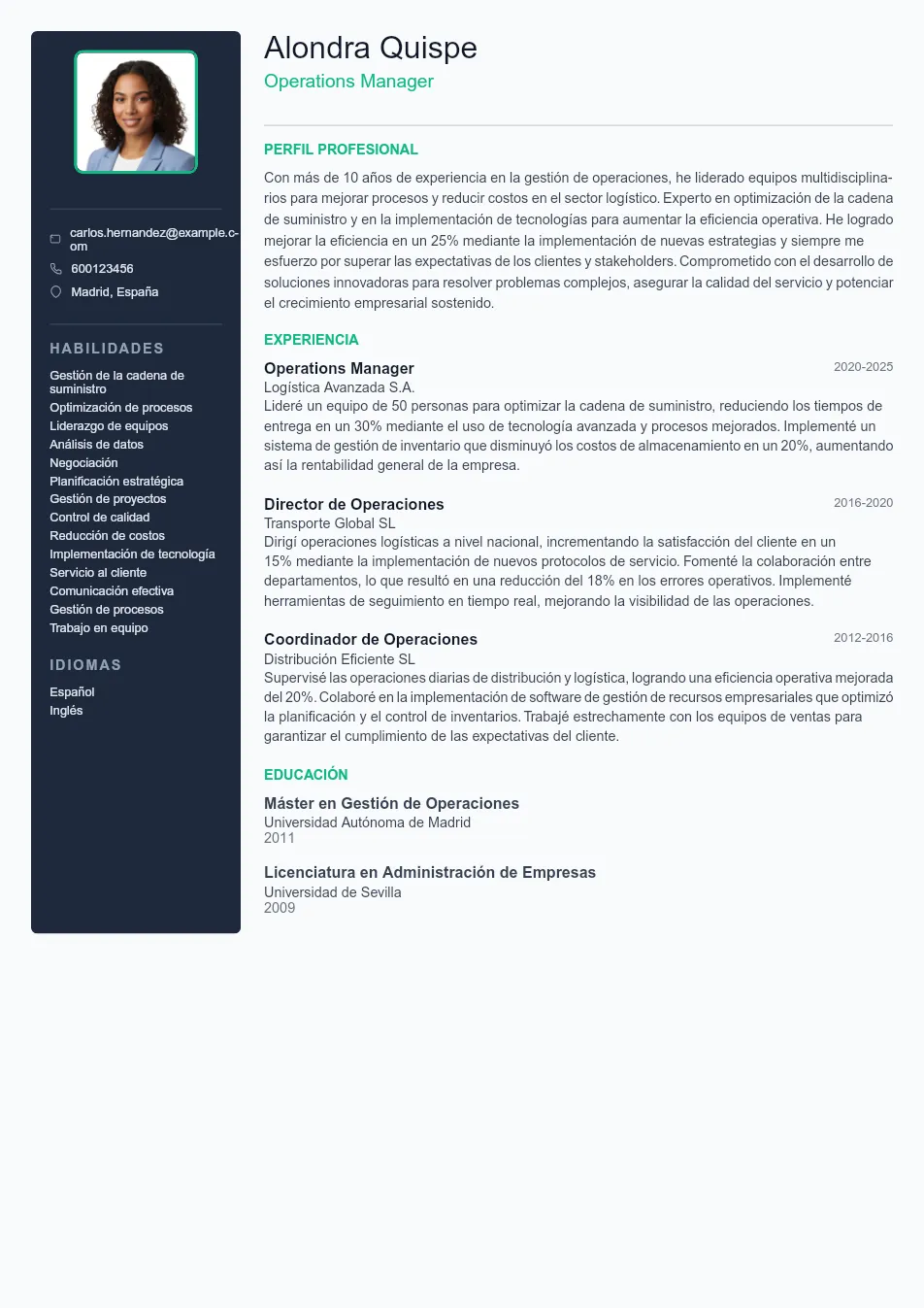Ejemplo de CV de Operations Manager CV Example - Professional Resume Template