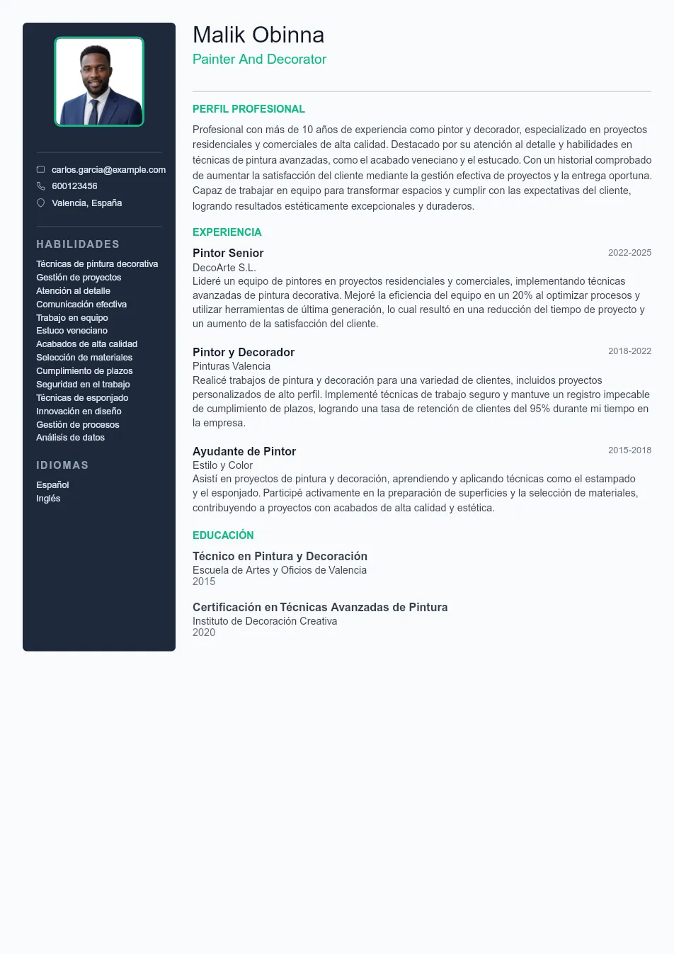 Ejemplo de CV de Painter And Decorator CV Example - Professional Resume Template