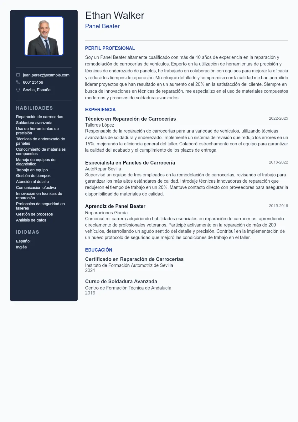 Ejemplo de CV de Chapista y guía de escrit CV Example - Professional Resume Template