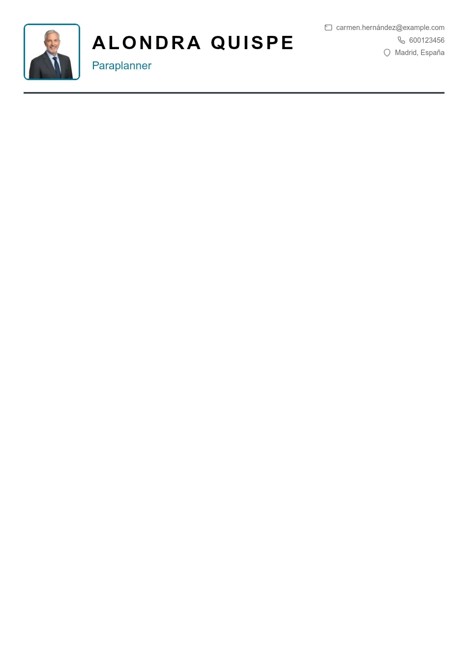 Ejemplo de CV de Paraplanner CV Example - Professional Resume Template