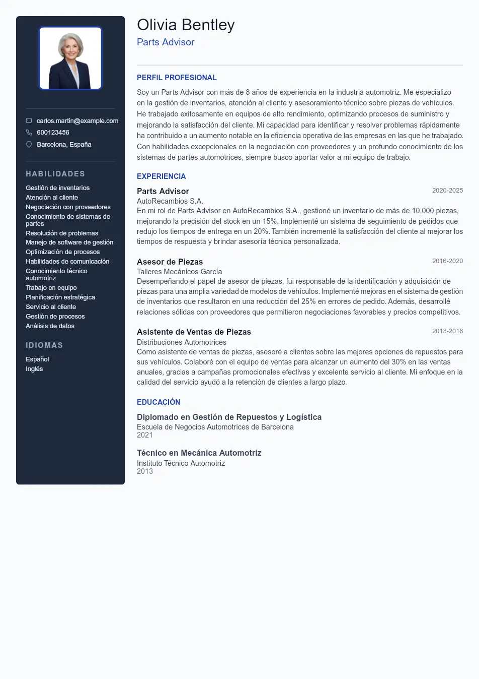Ejemplo de CV para CV de Asesor/a de Repuestos - Plantilla de currículum profesional