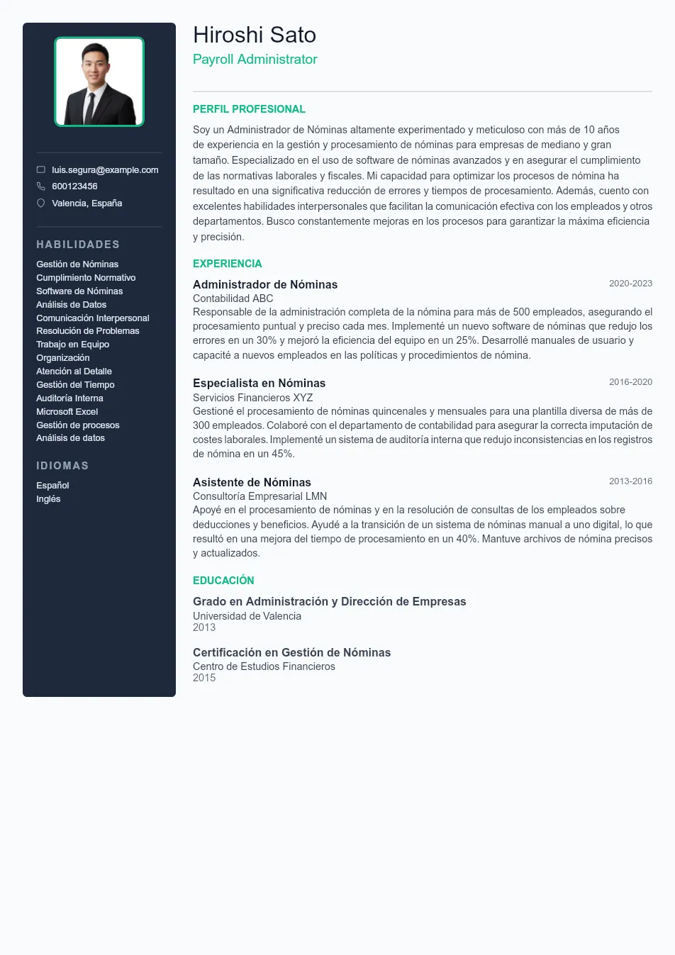 Ejemplo de CV de Payroll Administrator CV Example - Professional Resume Template