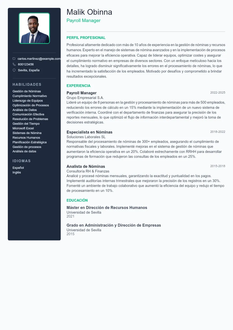 Ejemplo de CV de Payroll Manager CV Example - Professional Resume Template