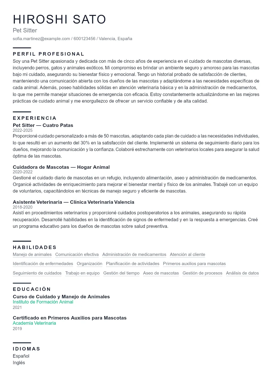 Ejemplo de CV para Pet Sitter que Destaque - Plantilla de currículum profesional