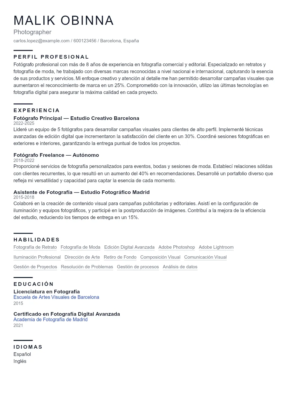 Ejemplo de CV para CV para Fotógrafo - Plantilla de currículum profesional