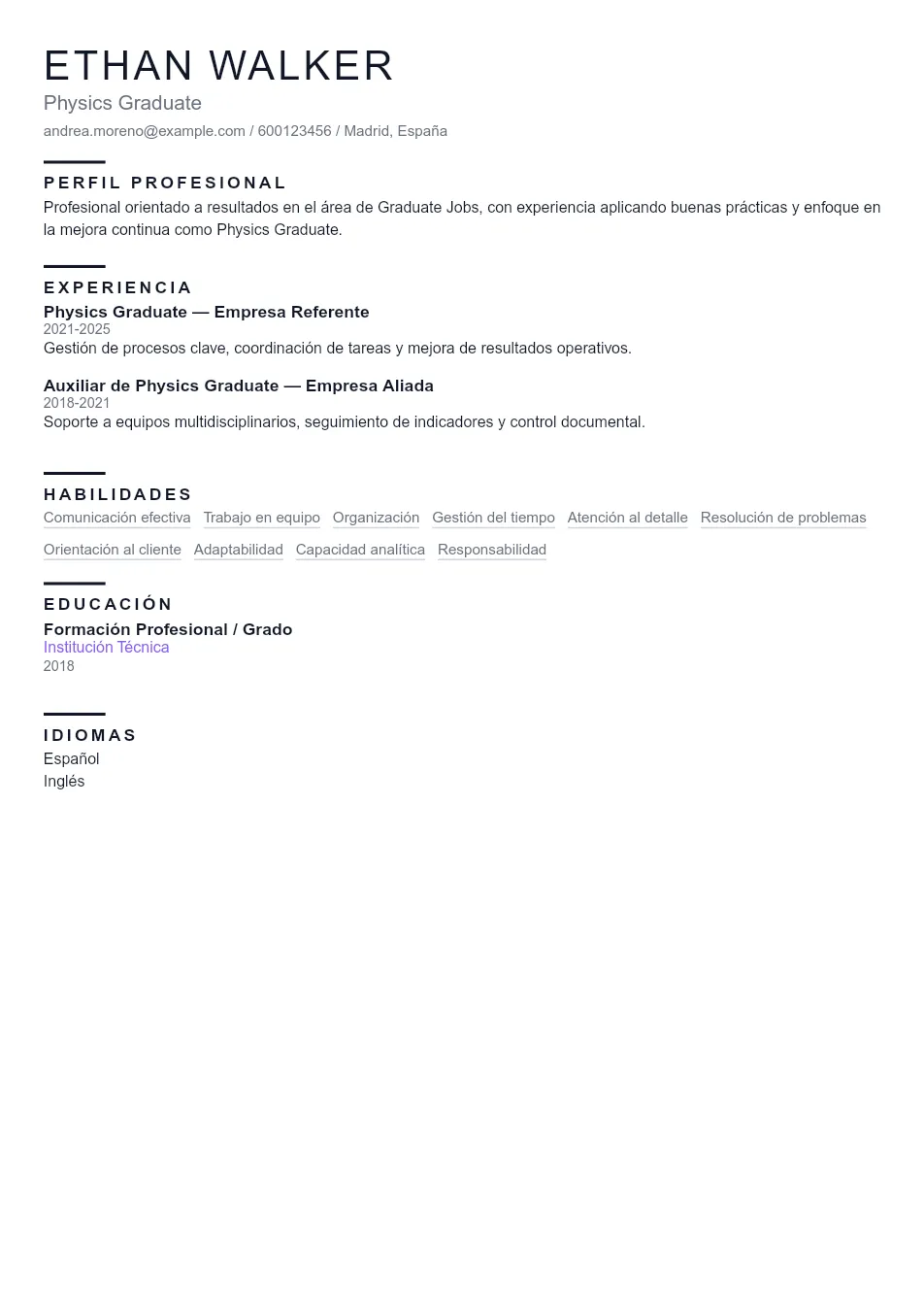 Ejemplo de CV de Physics Graduate CV Example - Professional Resume Template