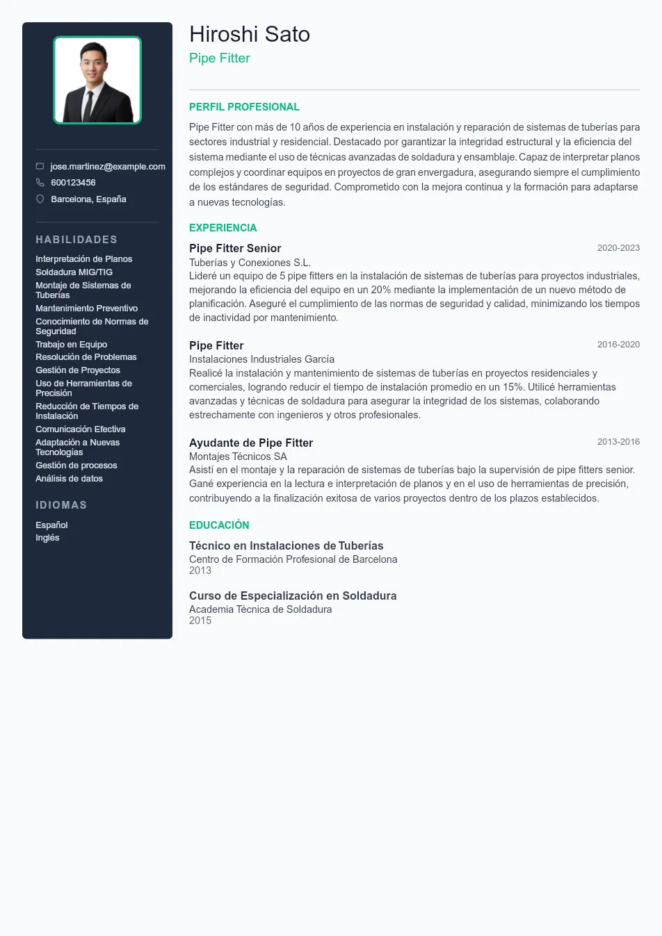 Ejemplo de CV para Ejemplo de CV de Pipe Fitter - Plantilla de currículum profesional