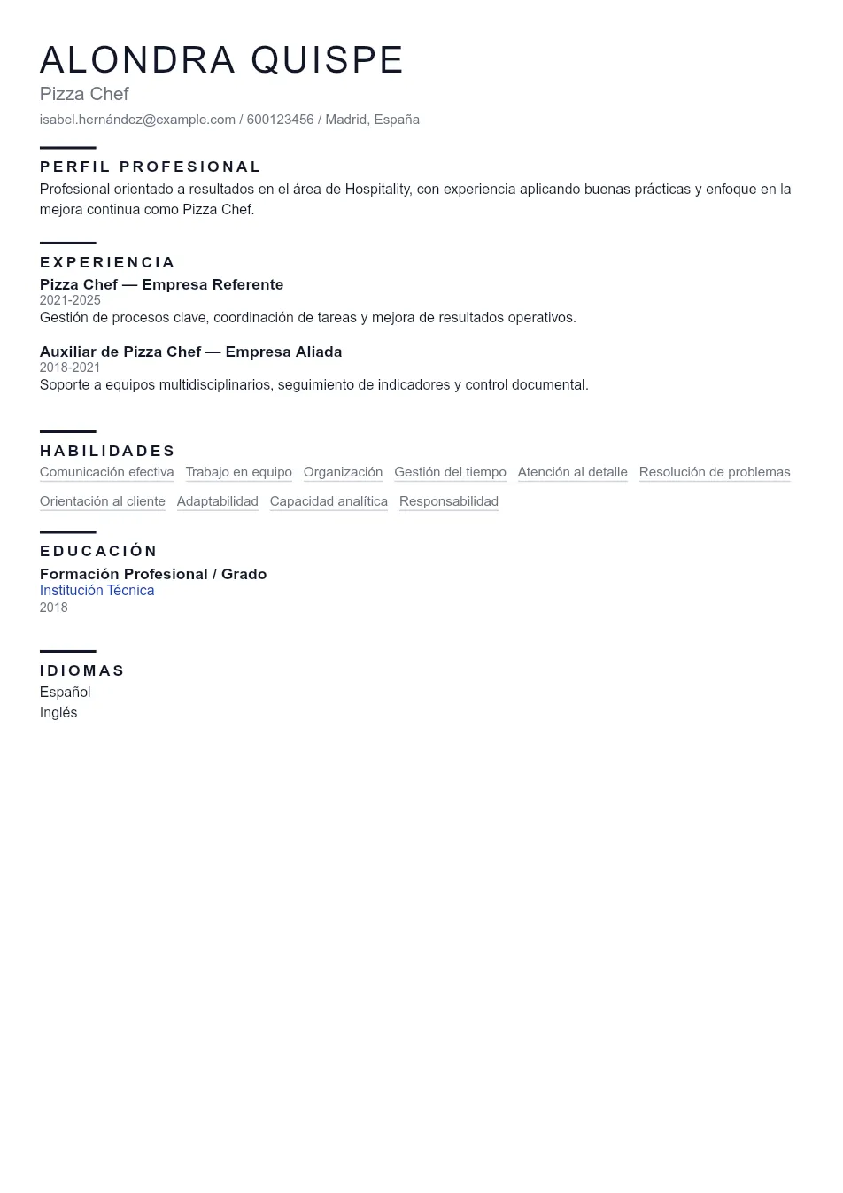 Ejemplo de CV para CV de Pizza Chef - Plantilla de currículum profesional