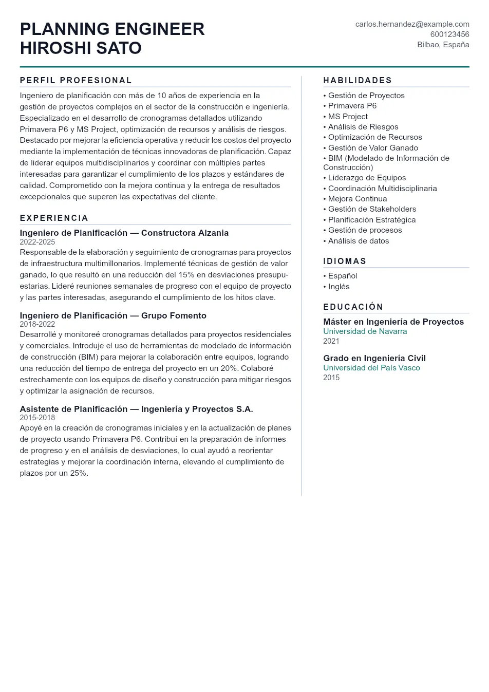 Ejemplo de CV de Planning Engineer CV Example - Professional Resume Template