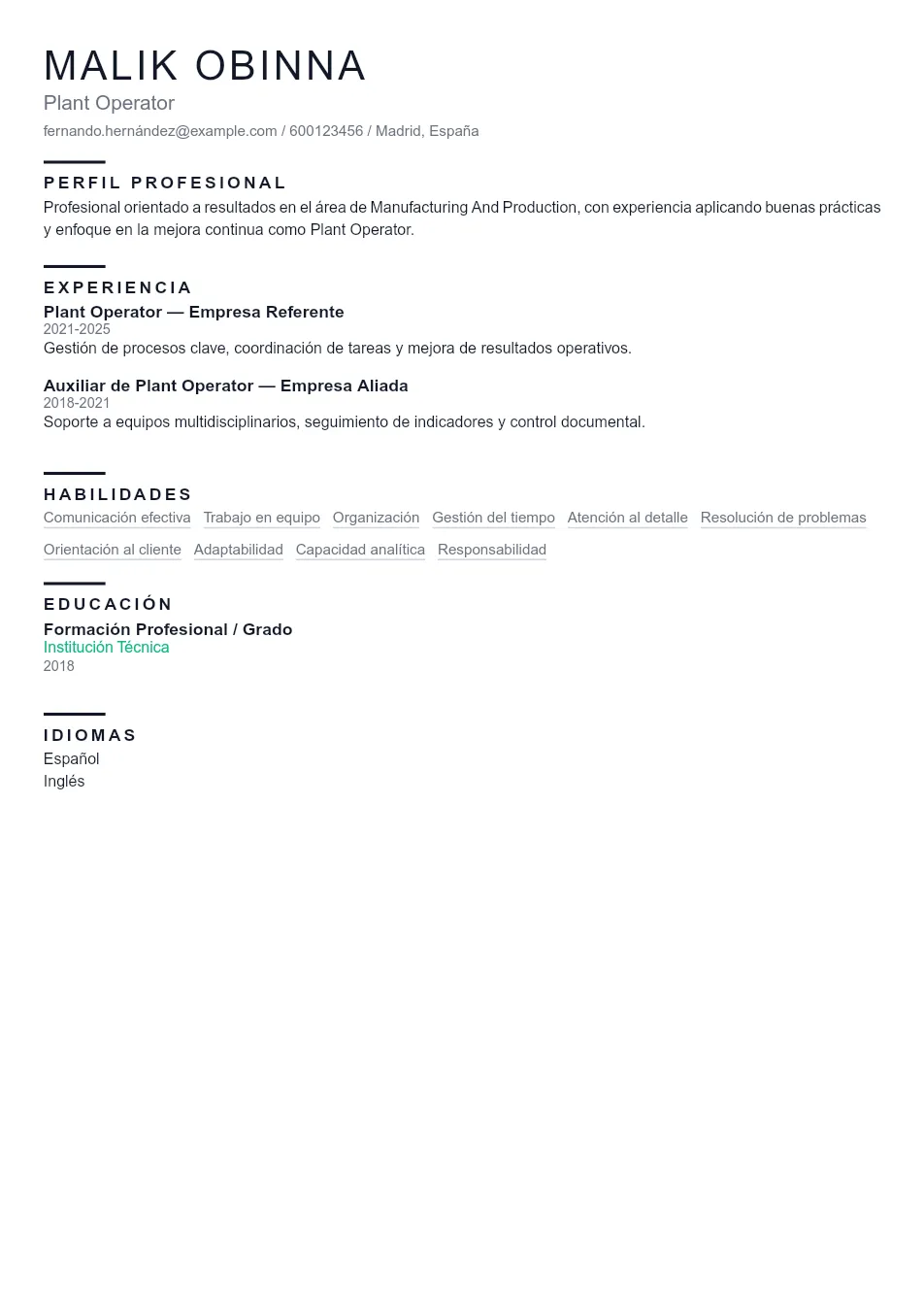 Ejemplo de CV de Plant Operator CV Example - Professional Resume Template