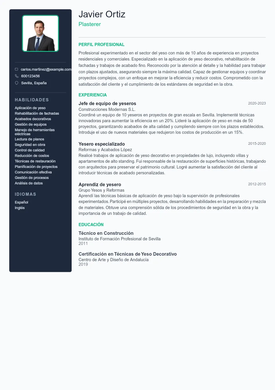 Ejemplo de CV de Plasterer CV Example - Professional Resume Template