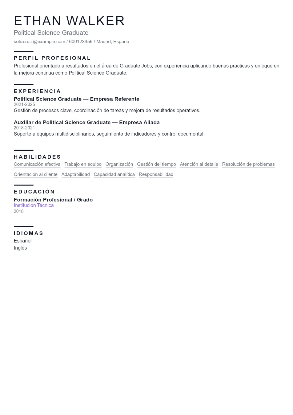 Ejemplo de CV de Political Science Graduat CV Example - Professional Resume Template