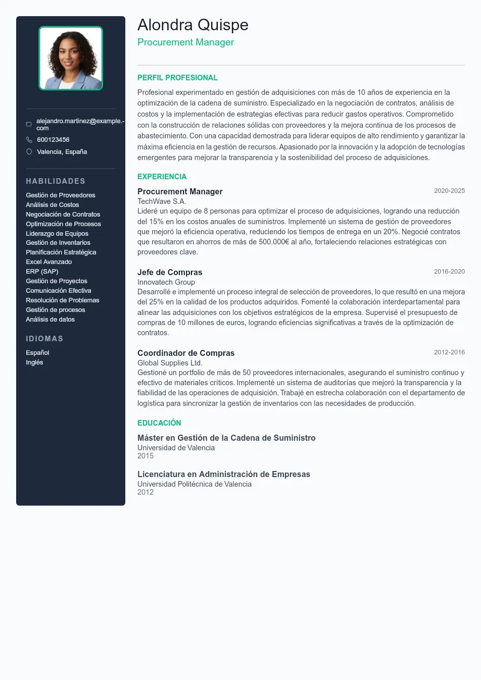 Ejemplo de CV de Procurement Manager CV Example - Professional Resume Template