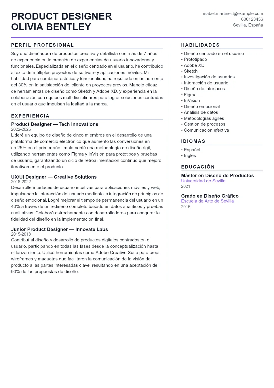 Ejemplo de CV de Product Designer CV Example - Professional Resume Template