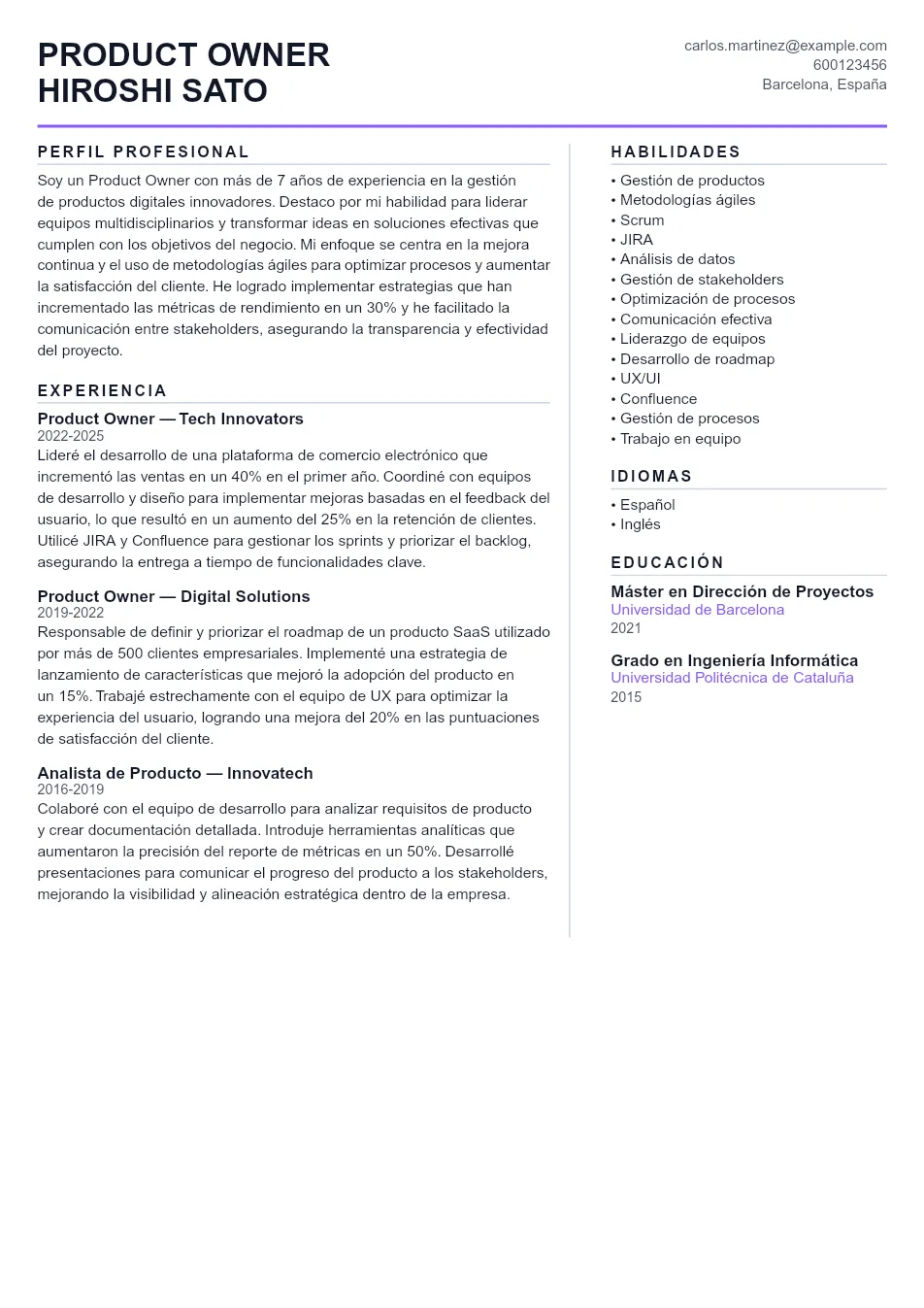Ejemplo de CV de Product Owner CV Example - Professional Resume Template