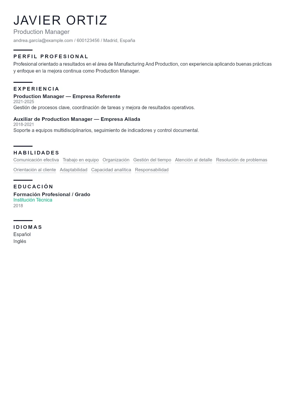 Ejemplo de CV de Production Manager CV Example - Professional Resume Template