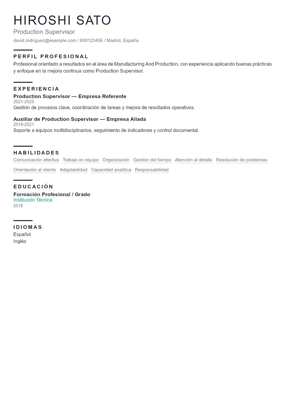 Ejemplo de CV de Production Supervisor CV Example - Professional Resume Template