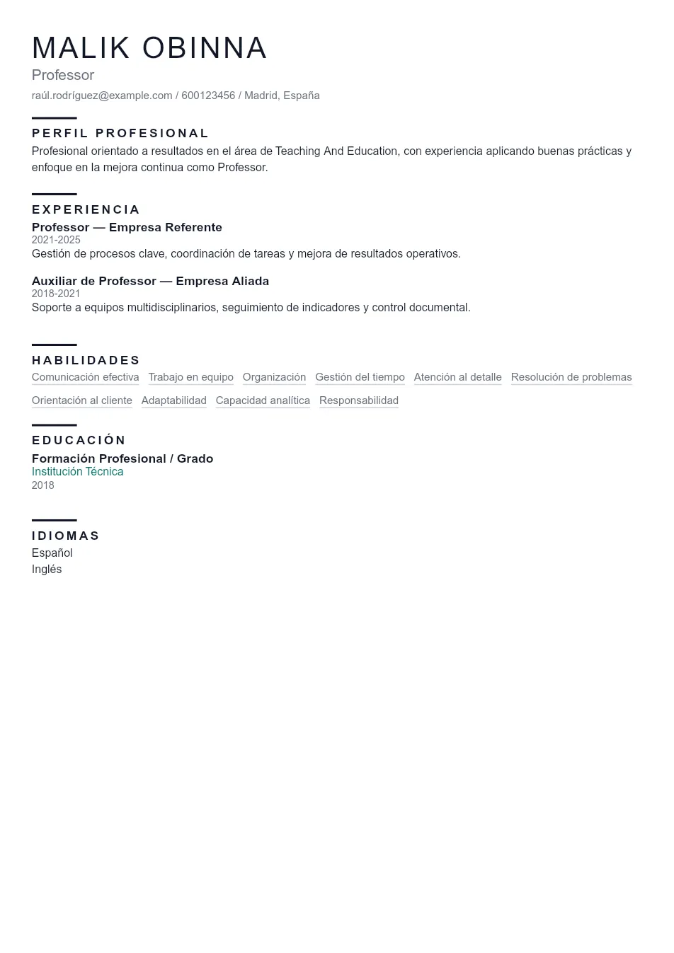 Ejemplo de CV de Professor CV Example - Professional Resume Template