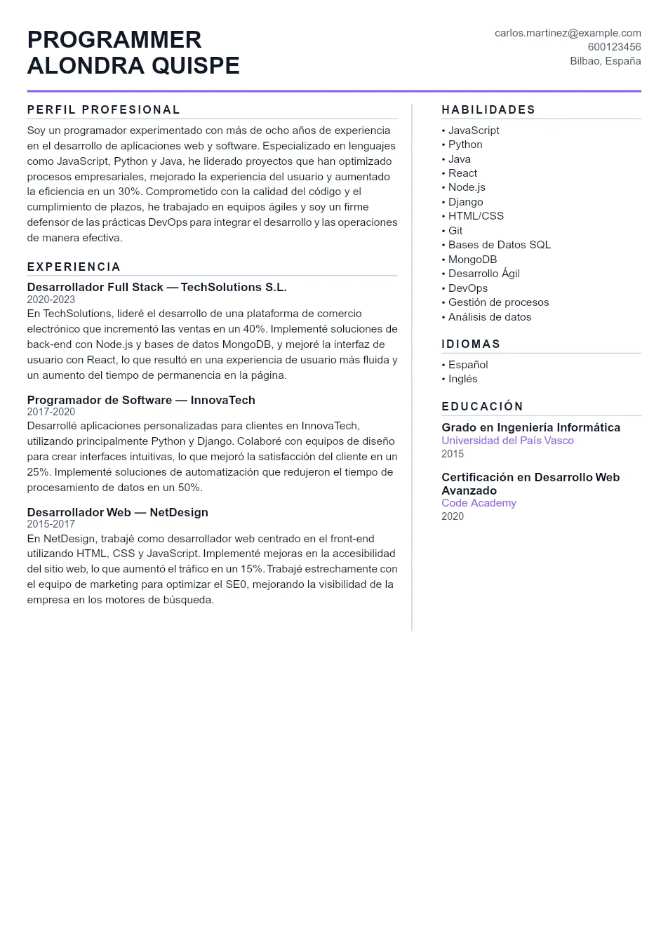 Ejemplo de CV de Programmer CV Example - Professional Resume Template