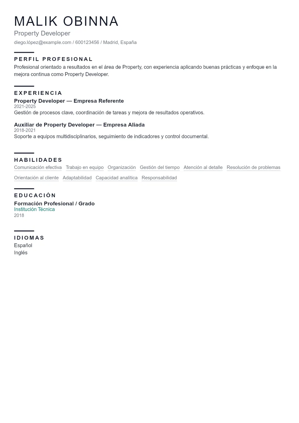 Ejemplo de CV de Property Developer CV Example - Professional Resume Template