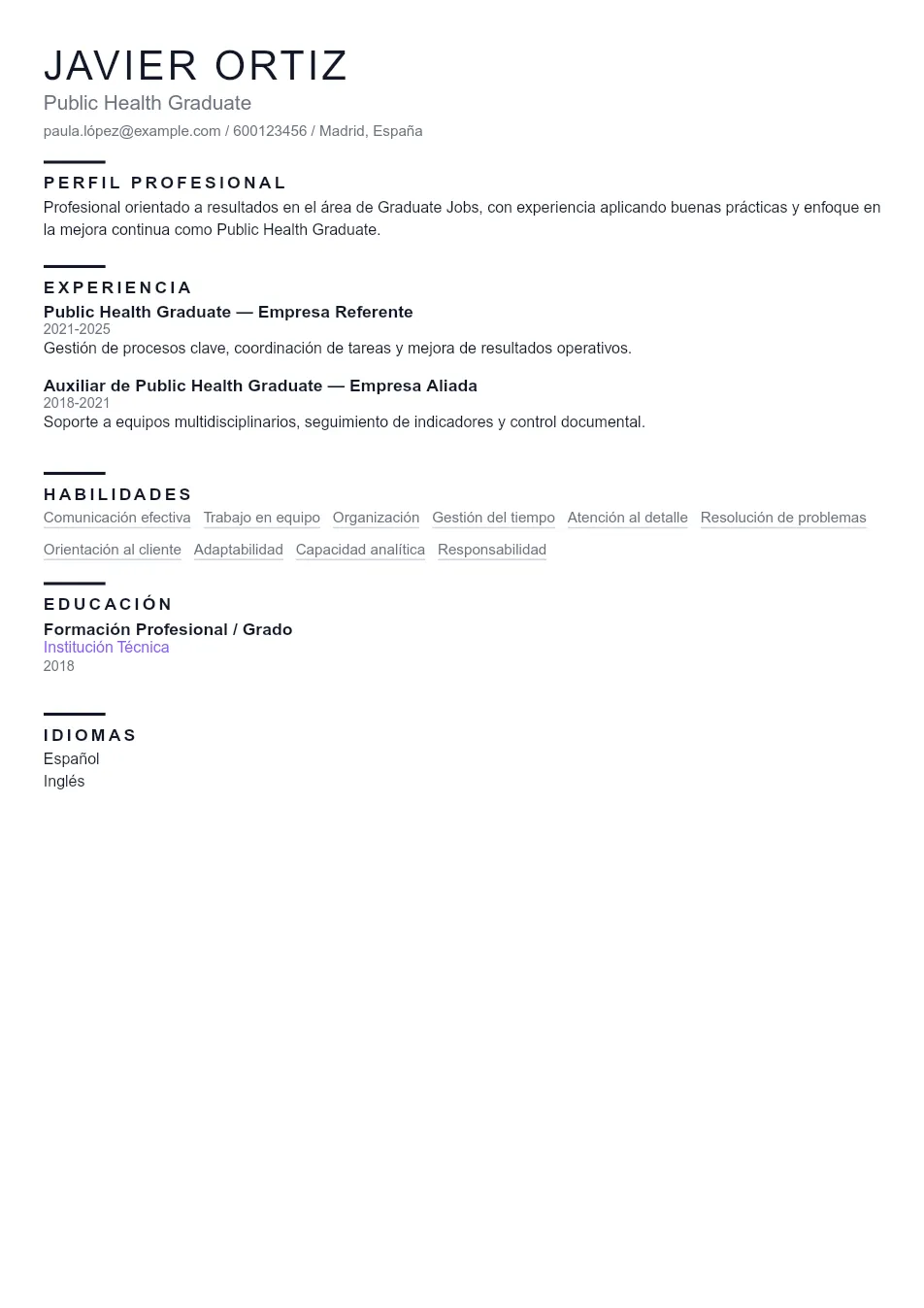 Ejemplo de CV de Public Health Graduate CV Example - Professional Resume Template