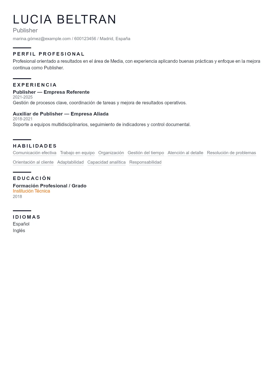 Ejemplo de CV de Publisher CV Example - Professional Resume Template
