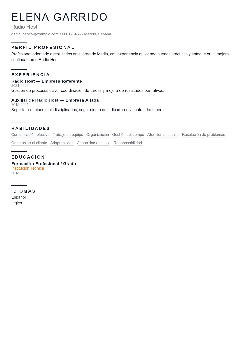 Ejemplo de CV de Radio Host CV Example - Professional Resume Template
