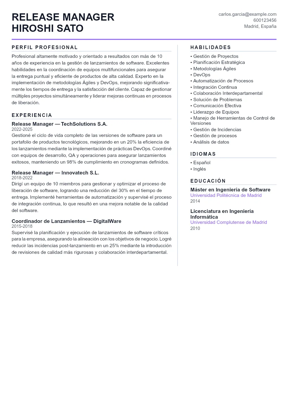 Ejemplo de CV de Release Manager CV Example - Professional Resume Template