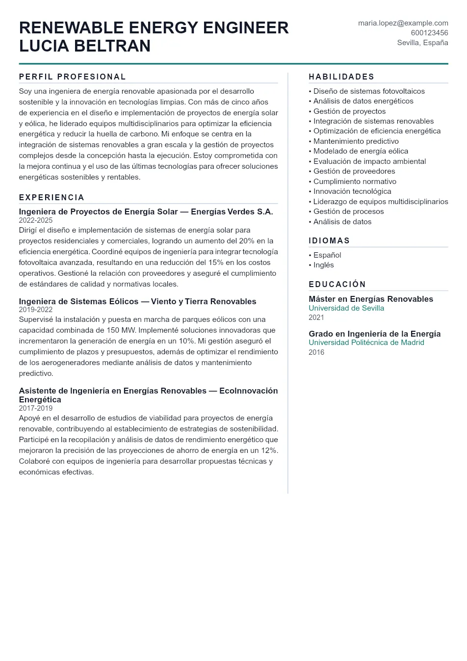 Ejemplo de CV para CV de Ingeniero en Energías Renovables - Plantilla de currículum profesional