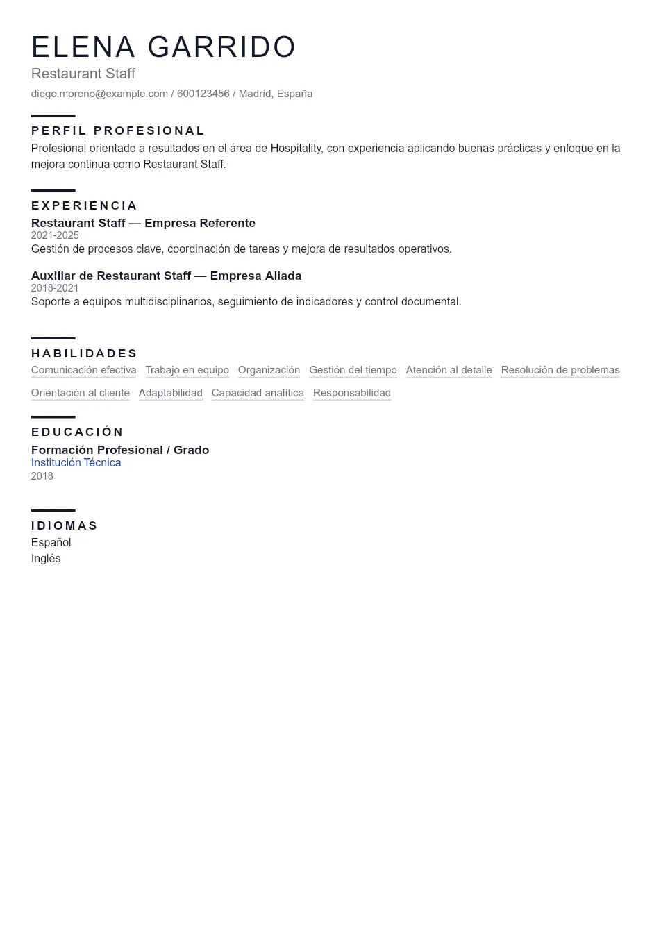 Ejemplo de CV para CV de Restaurant Staff - Plantilla de currículum profesional