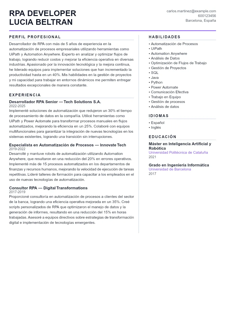 Ejemplo de CV de Rpa Developer CV Example - Professional Resume Template