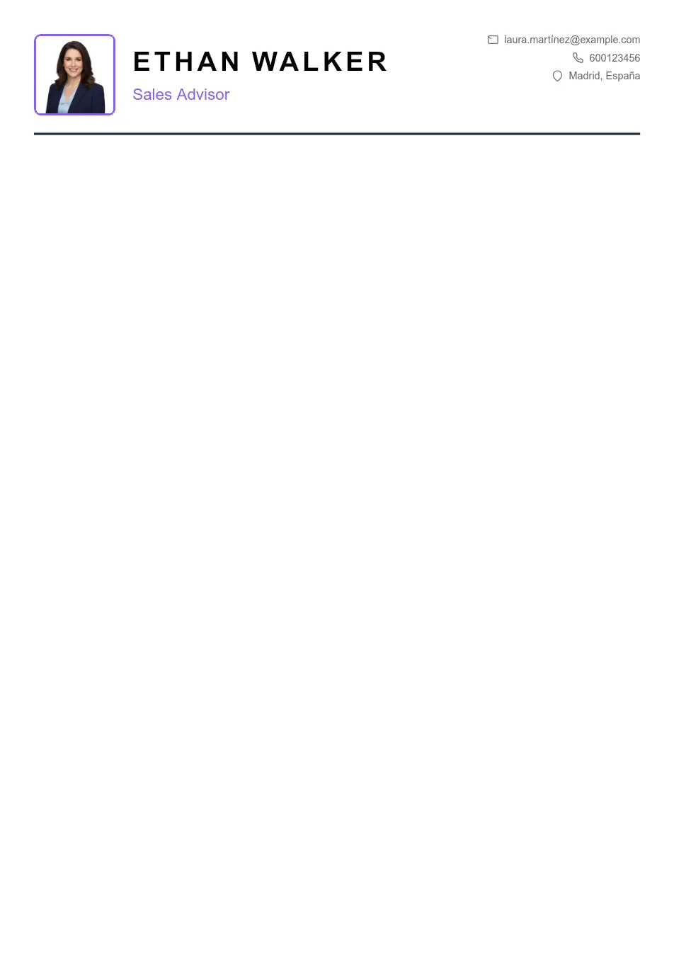 Ejemplo de CV para CV de Sales Advisor - Plantilla de currículum profesional