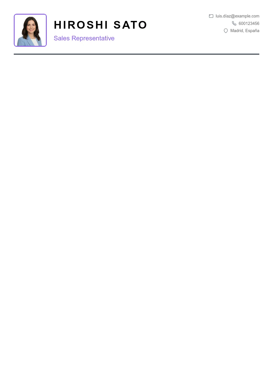Ejemplo de CV de Sales Representative CV Example - Professional Resume Template