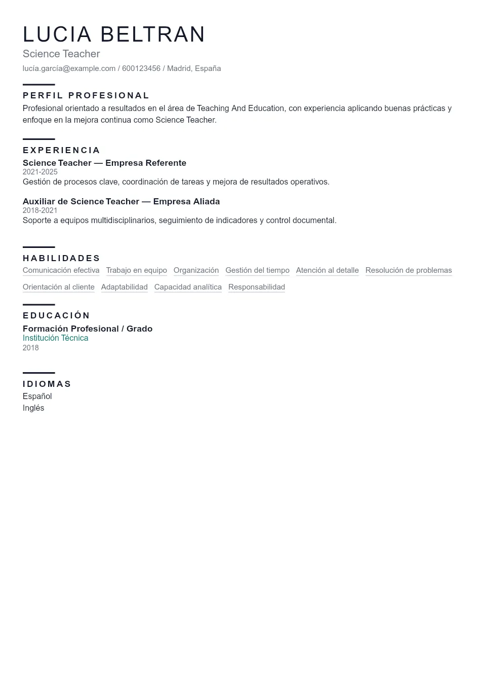 Ejemplo de CV de Science Teacher CV Example - Professional Resume Template