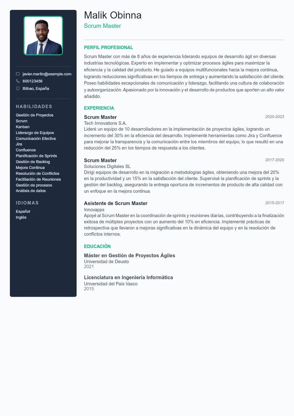 Ejemplo de CV de Scrum Master CV Example - Professional Resume Template