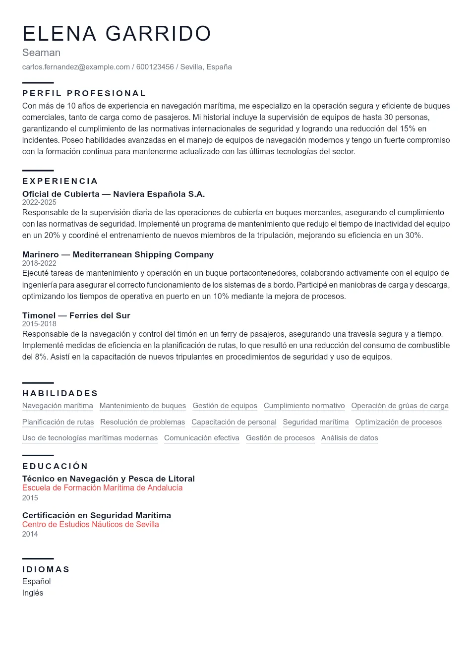 Ejemplo de CV de Seaman CV Example - Professional Resume Template