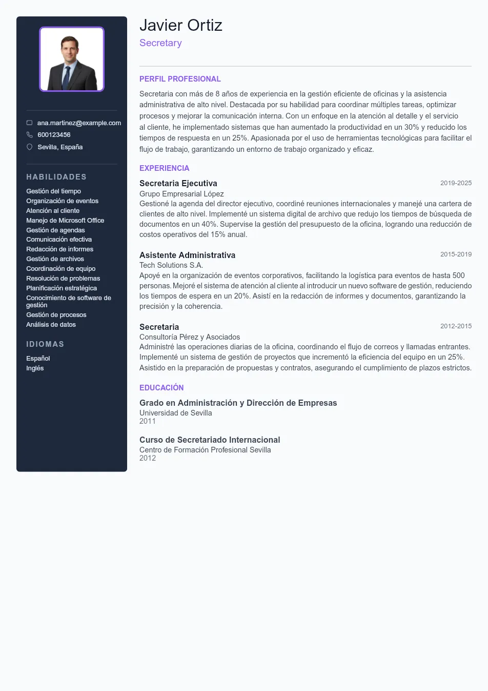 Ejemplo de CV de Secretary CV Example - Professional Resume Template