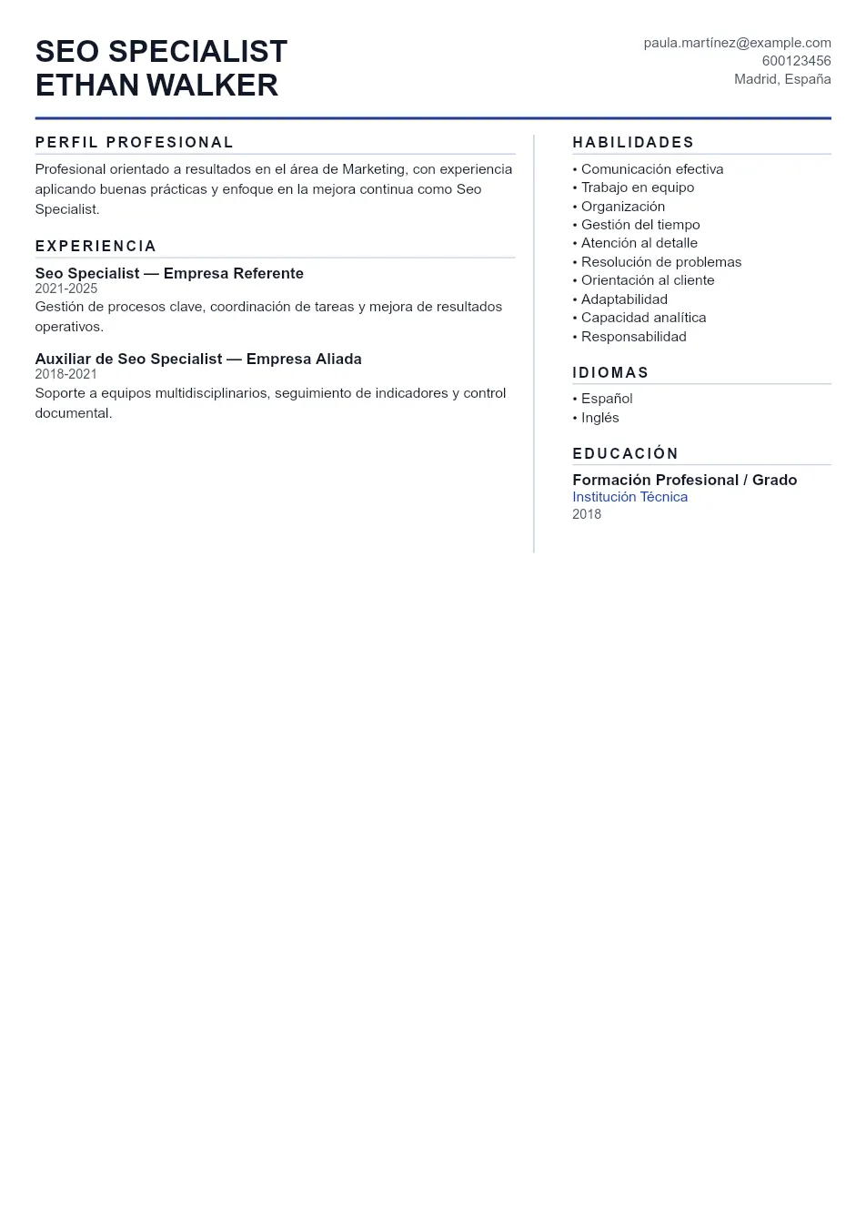 Ejemplo de CV de Seo Specialist CV Example - Professional Resume Template