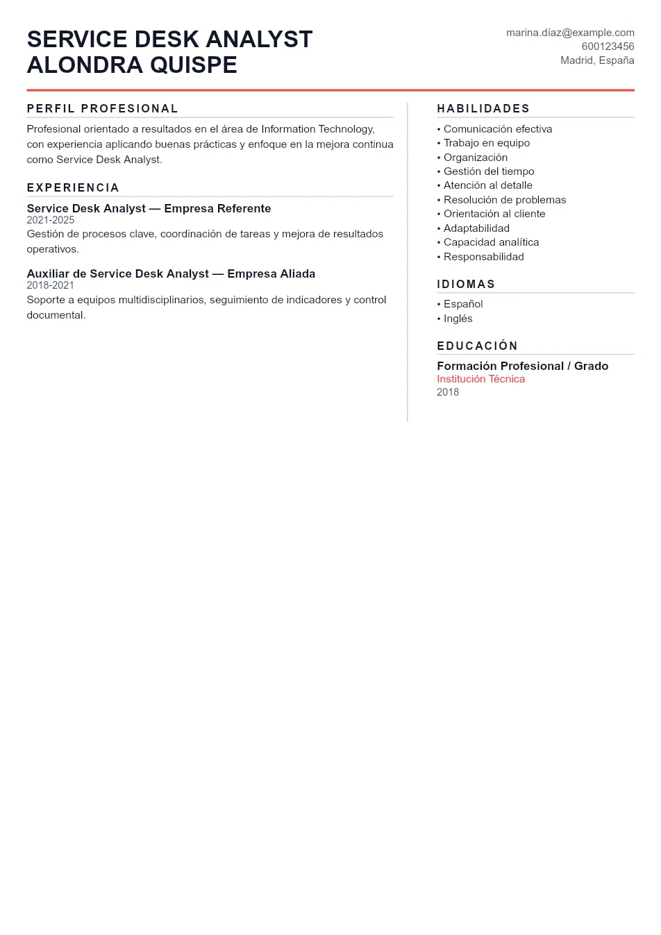 Ejemplo de CV para CV de Service Desk Analyst - Plantilla de currículum profesional