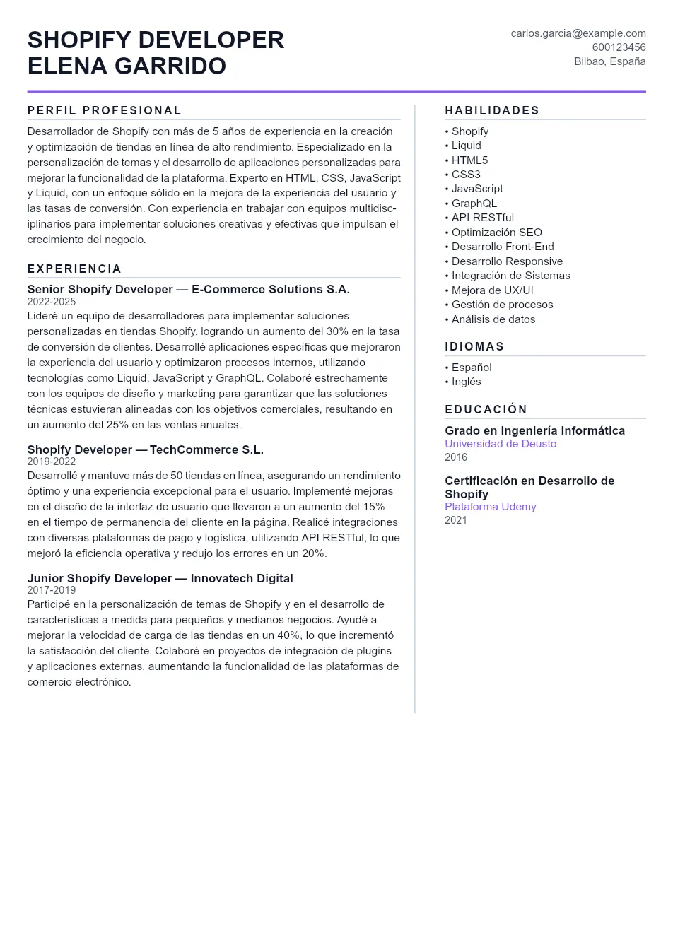 Ejemplo de CV de Shopify Developer CV Example - Professional Resume Template