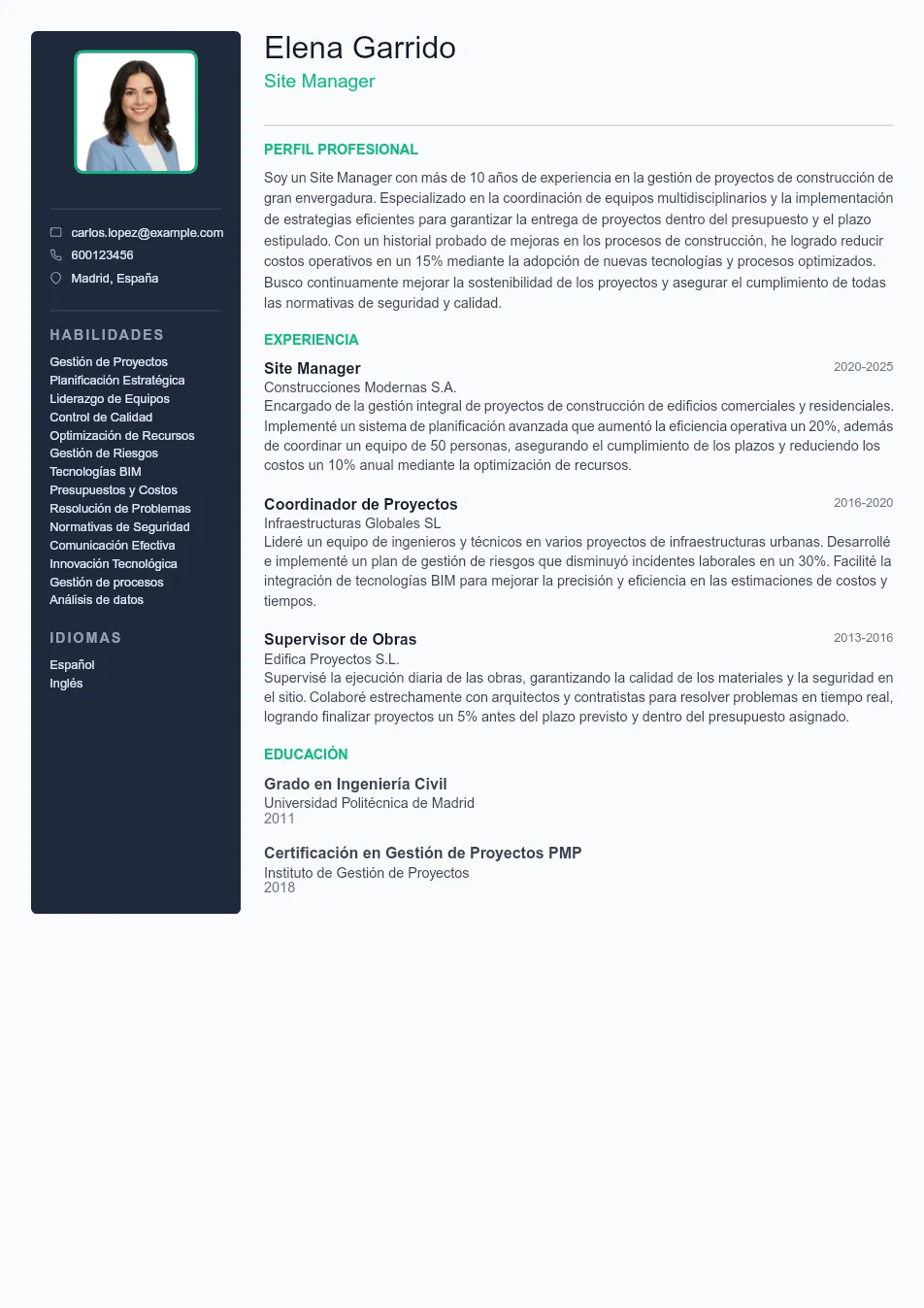 Ejemplo de CV de Site Manager CV Example - Professional Resume Template