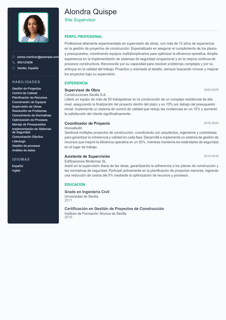 Ejemplo de CV de Site Supervisor CV Example - Professional Resume Template
