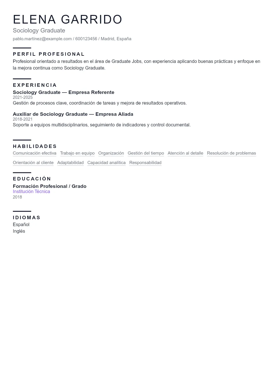 Ejemplo de CV para Sociology Graduate - Plantilla de currículum profesional