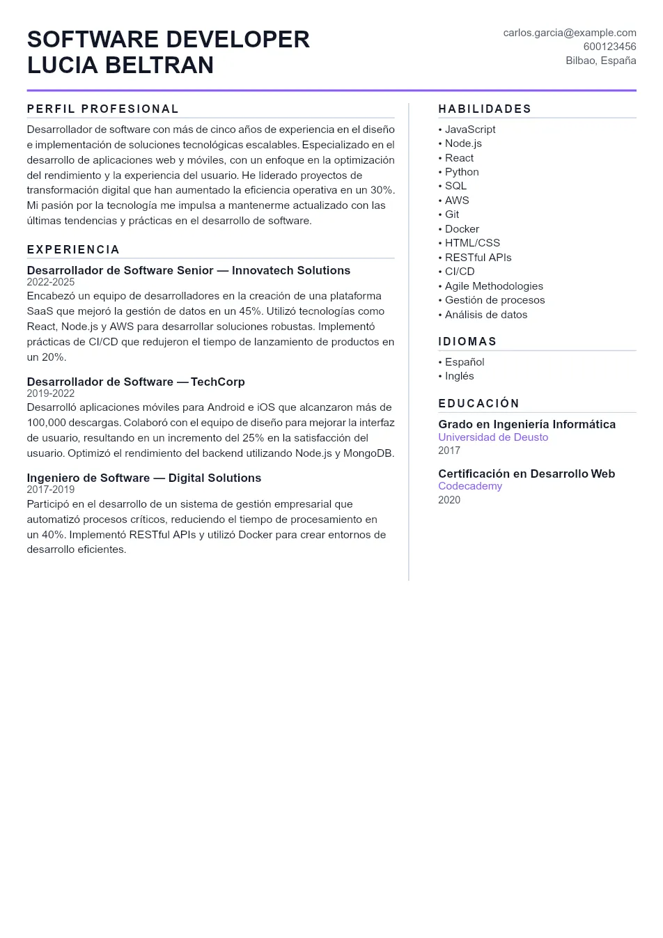 Ejemplo de CV de Software Developer CV Example - Professional Resume Template