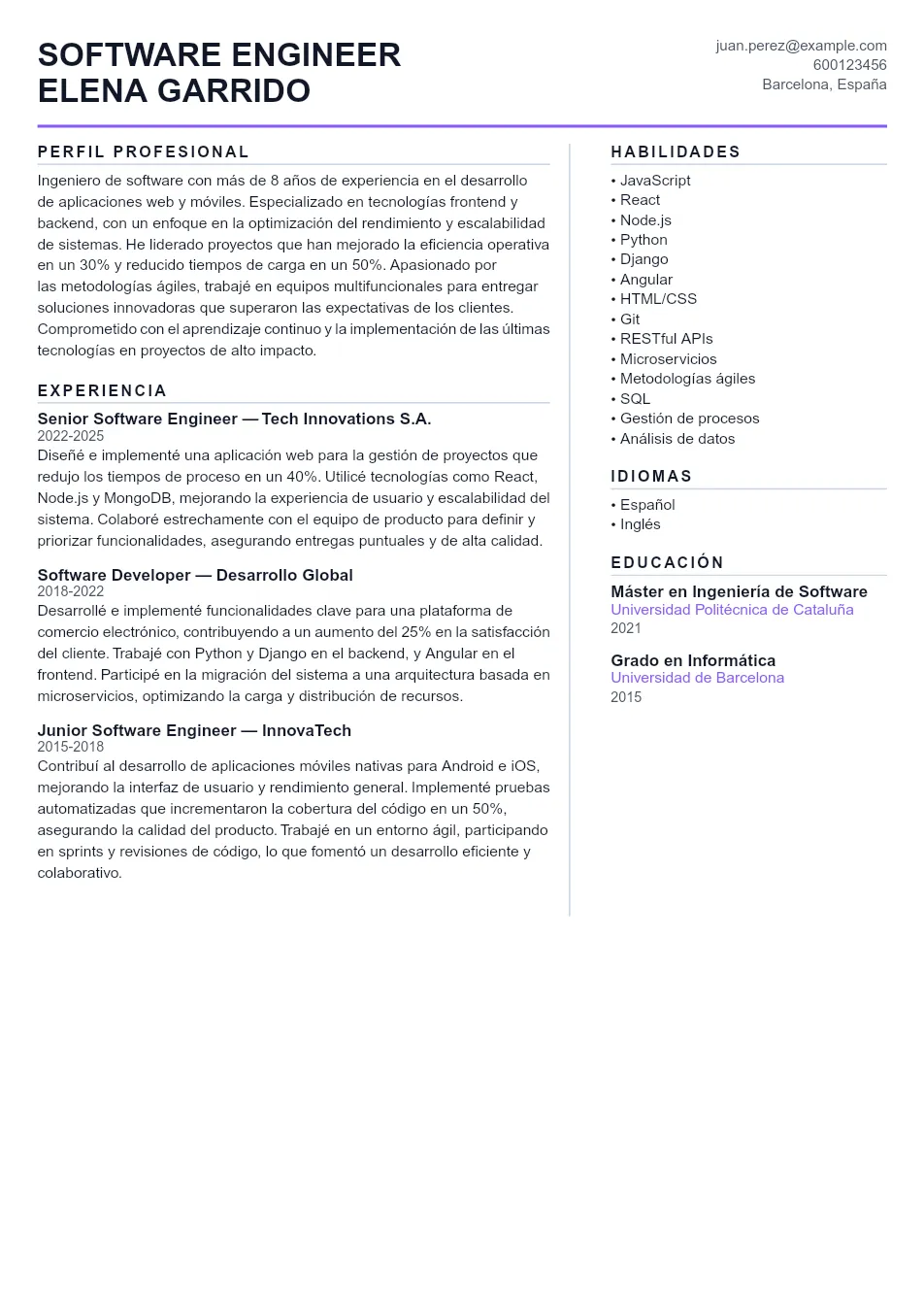 Ejemplo de CV de Software Engineer CV Example - Professional Resume Template