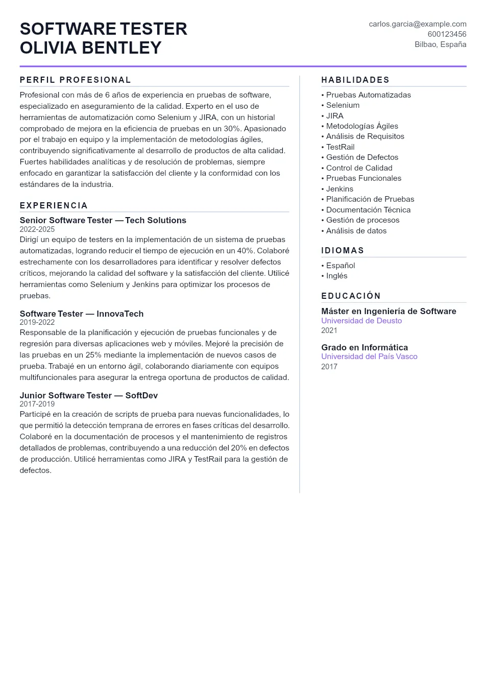 Ejemplo de CV de Software Tester CV Example - Professional Resume Template