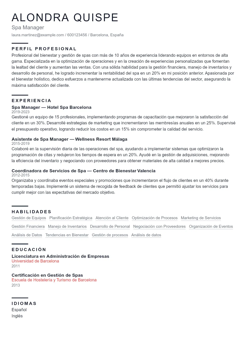 Ejemplo de CV para CV de Spa Manager - Plantilla de currículum profesional