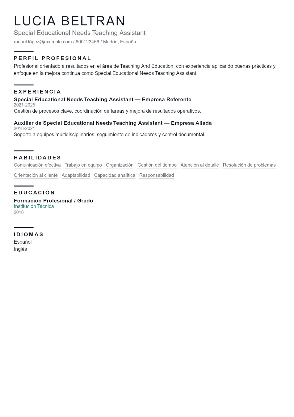 Ejemplo de CV de Special Educational Needs CV Example - Professional Resume Template